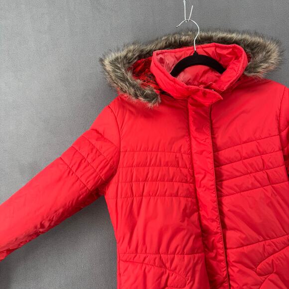 Volcom Hot Mittes Long Puffer Jacket 3/4 Length Large 14 Faux Fur Hood Red - Picture 3 of 14